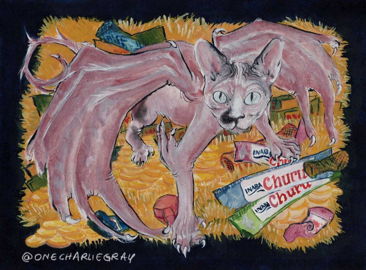“GIZMAUG,” PRINT of Original Watercolor Painting of Sphinx Cat as Smaug the Dragon LOTR
